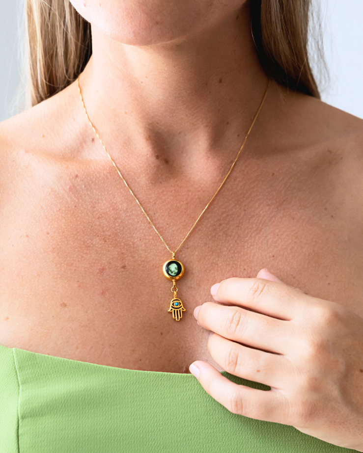 Moon Phase Necklace with Hamsa Charm - Gold
