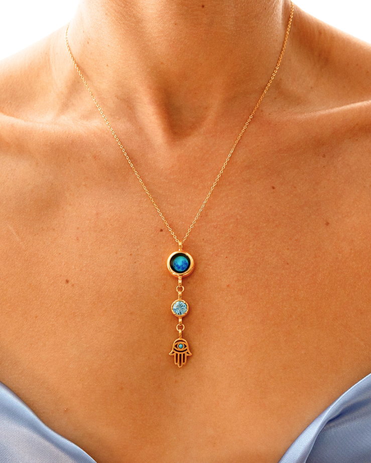 Moon Phase Necklace with Birthstone and Hamsa Charm - Gold