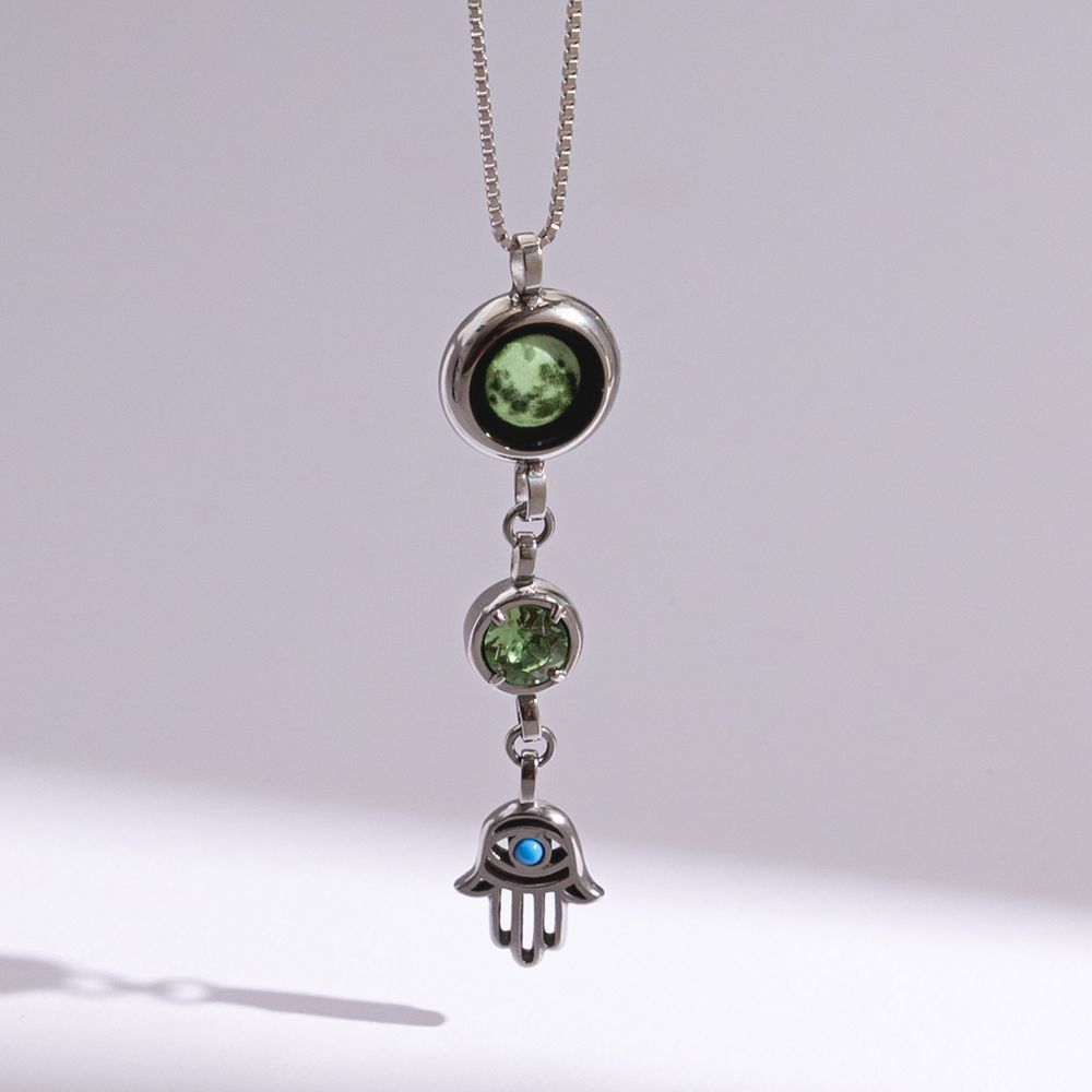 Silver Moon Birthstone Hamsa Necklace