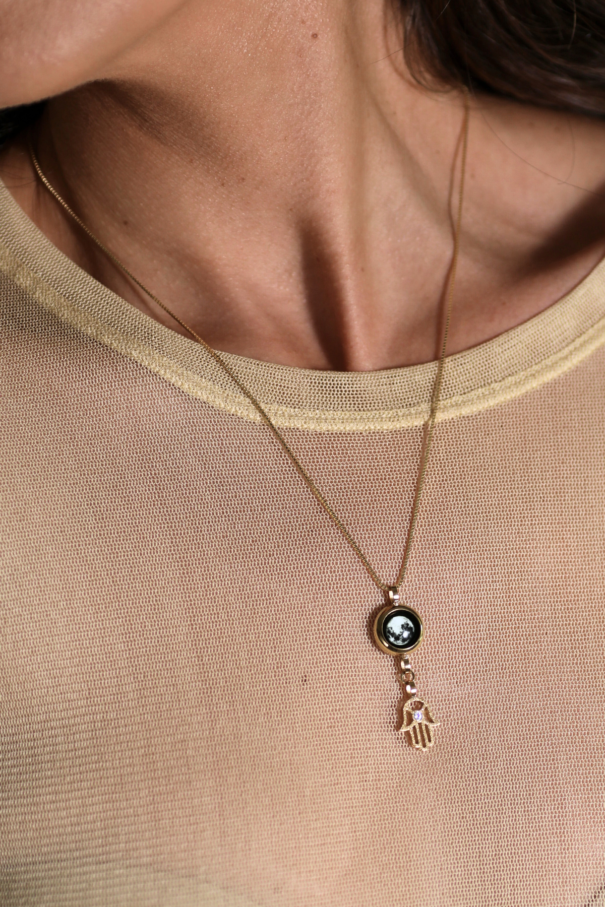 Gold Moon & Hamsa Necklace