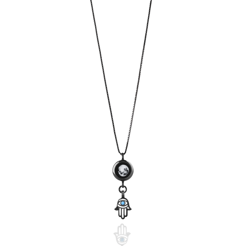 Moon Phase Necklace with Hamsa Charm - Black
