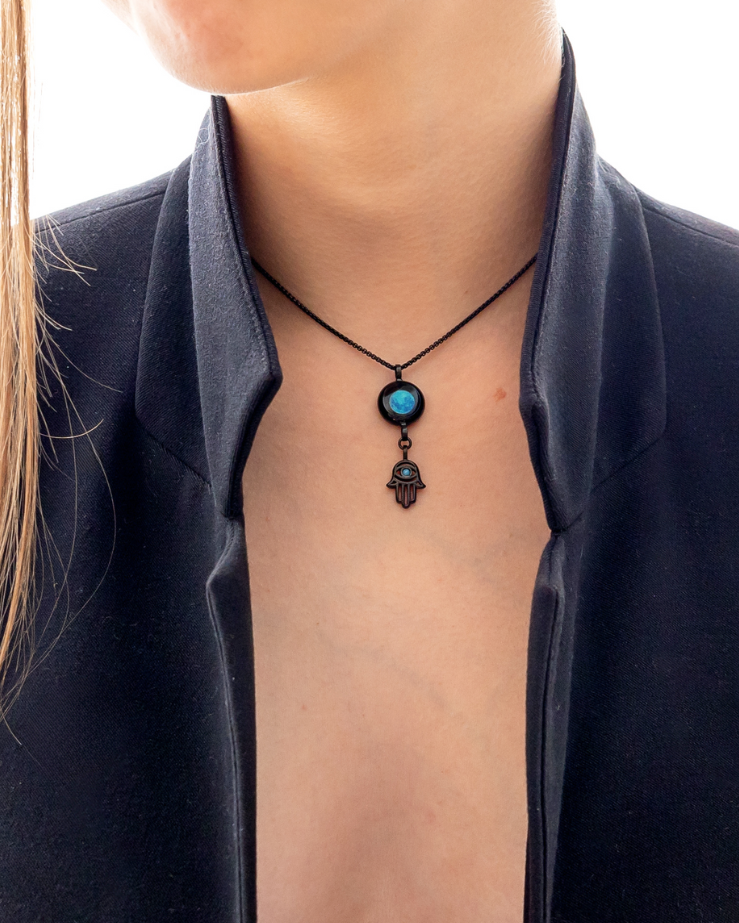 Moon Phase Necklace with Hamsa Charm - Black