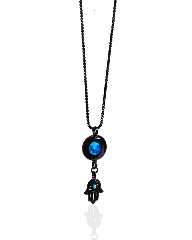 Moon Phase Necklace with Hamsa Charm - Black