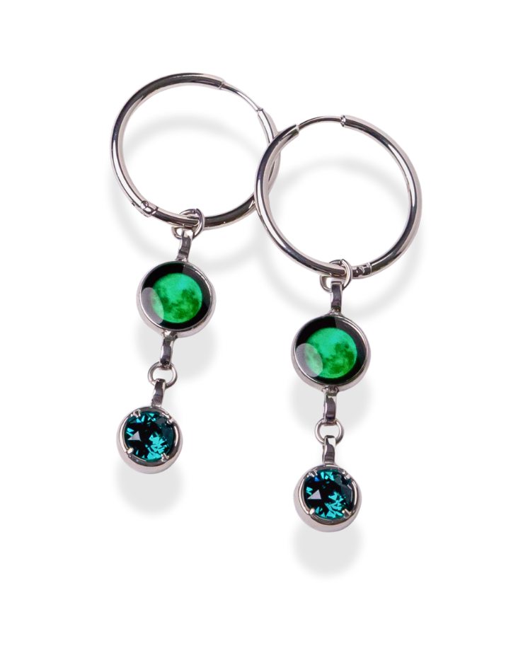 Luna Crescent Moon Phase Hoop Earrings with a Birthstone - Silver