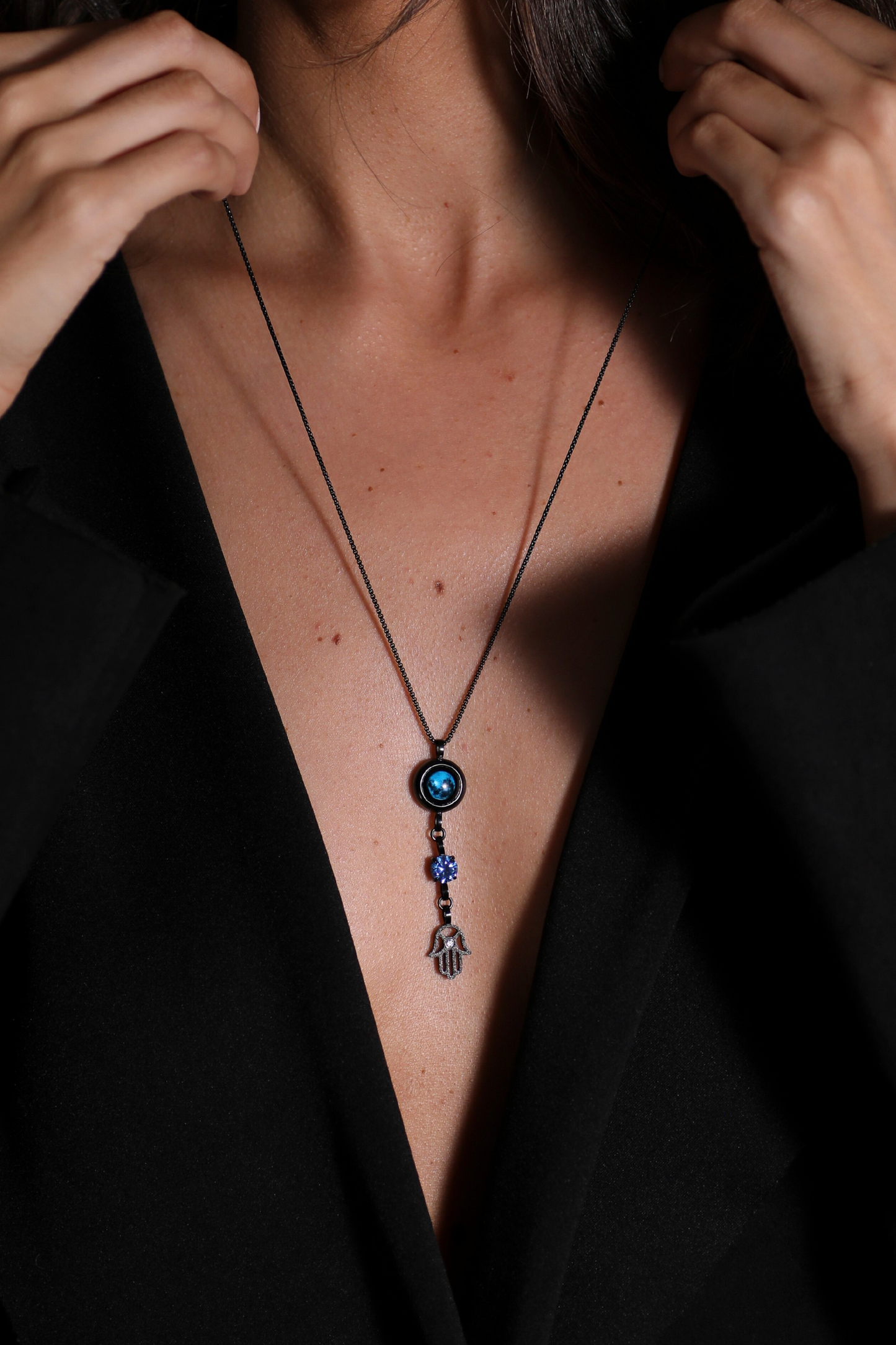 Black Moon Birthstone Hamsa Necklace