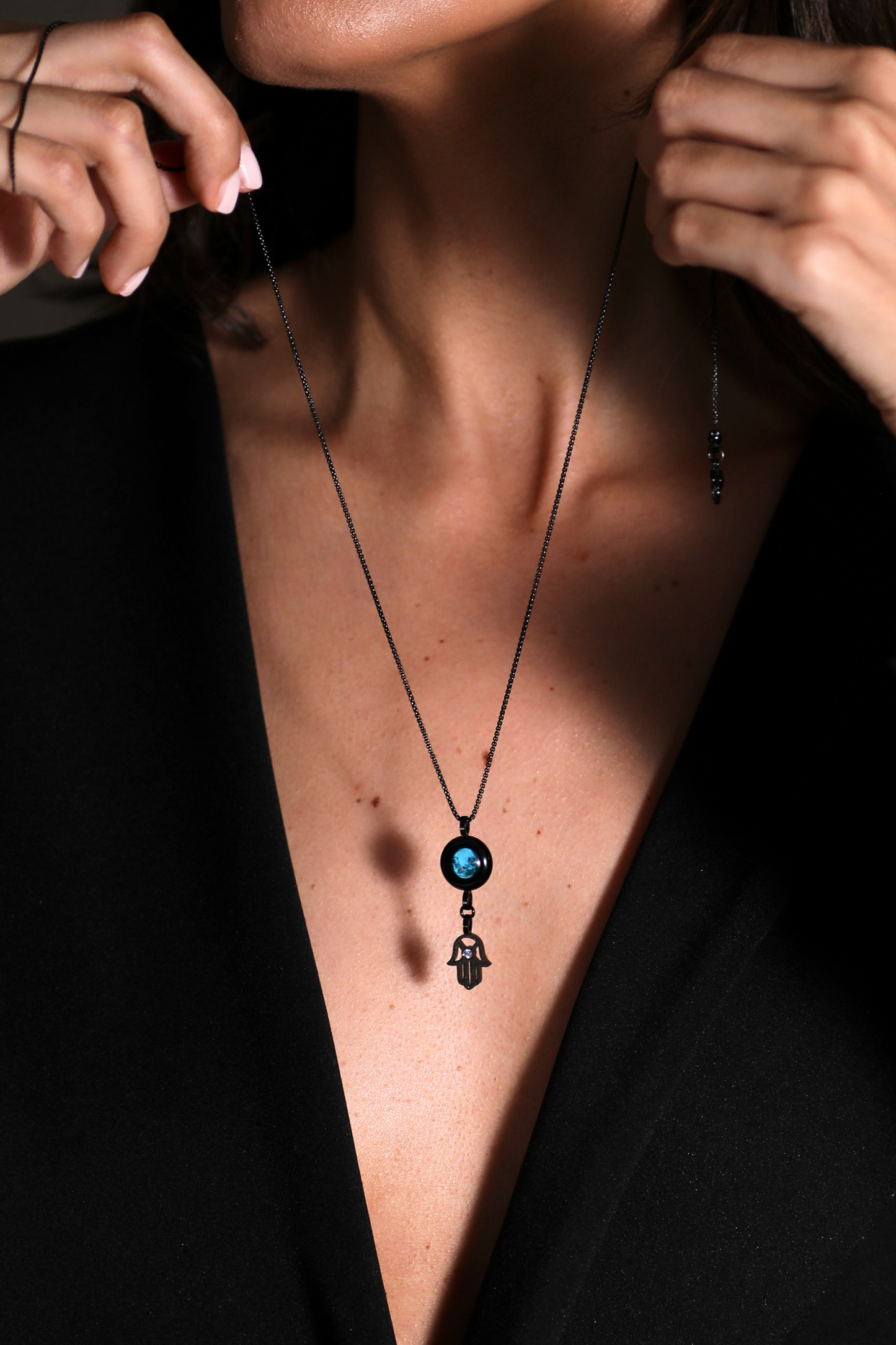 Black Moon & Hamsa Necklace