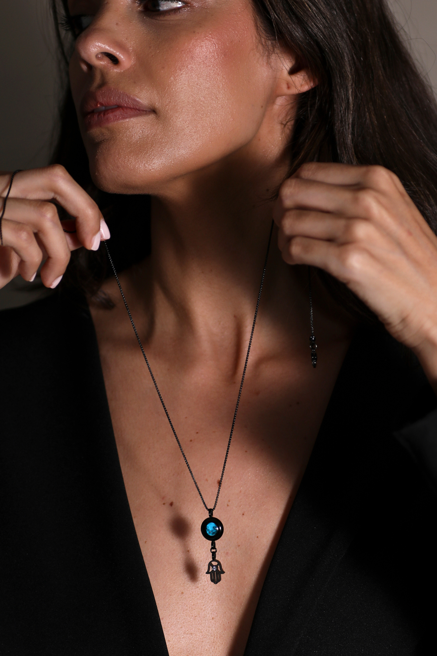 Black Moon & Hamsa Necklace