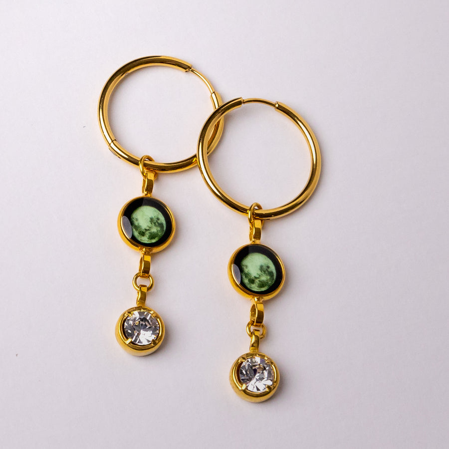 Luna Crescent Moon Phase Hoop Earrings with a Birthstone - Gold