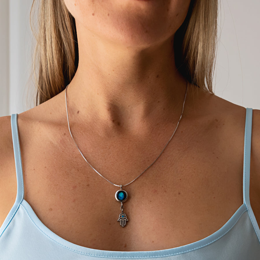 Classic Moon Phase Necklace with a HAMSA Charm - Silver