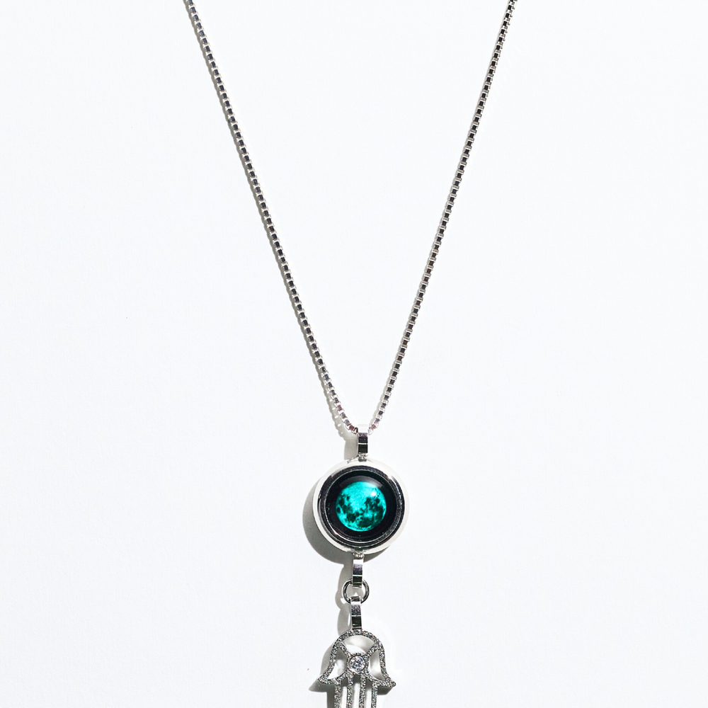 Silver Moon & Hamsa Necklace