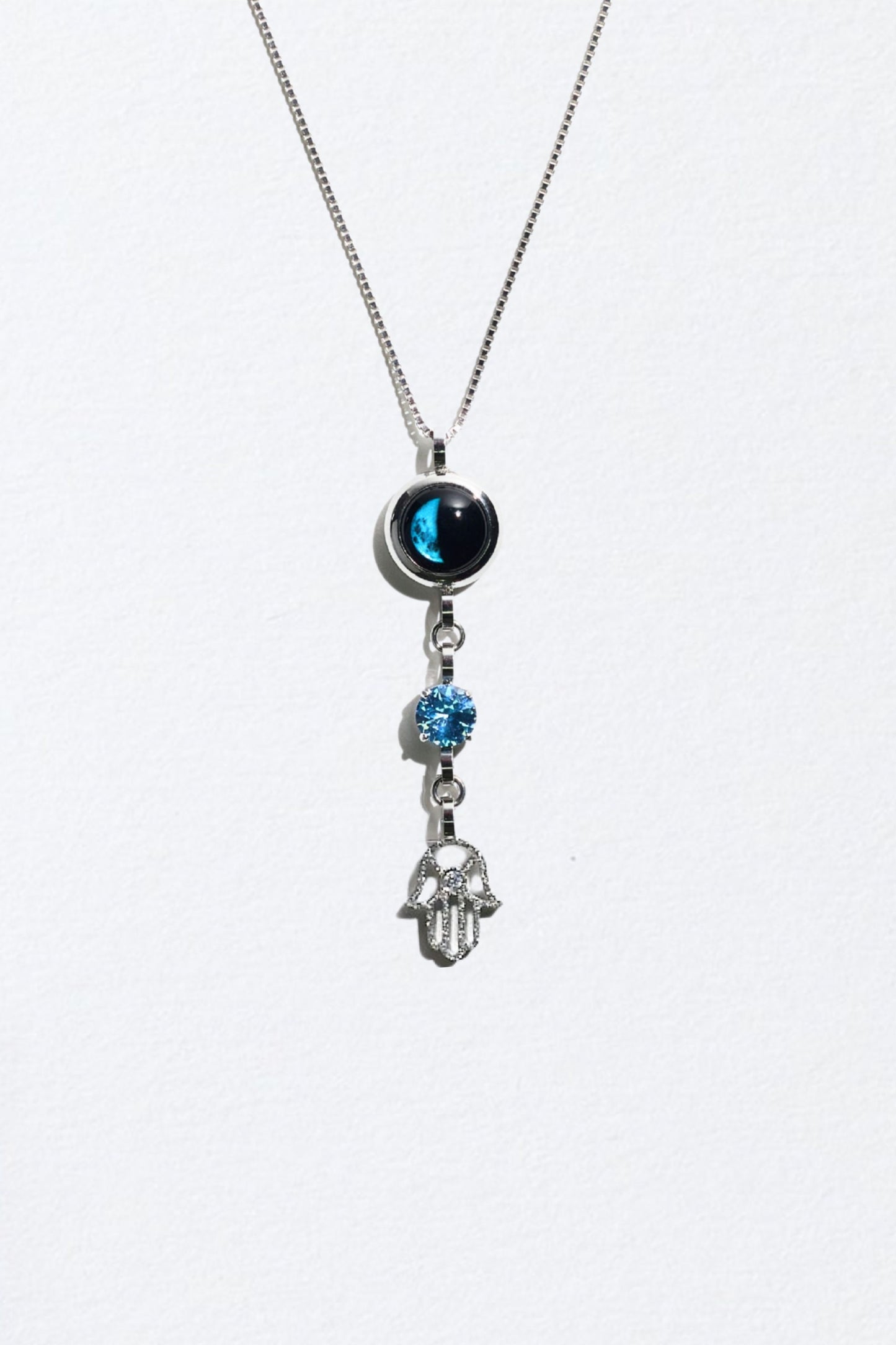 Silver Moon Birthstone Hamsa Necklace