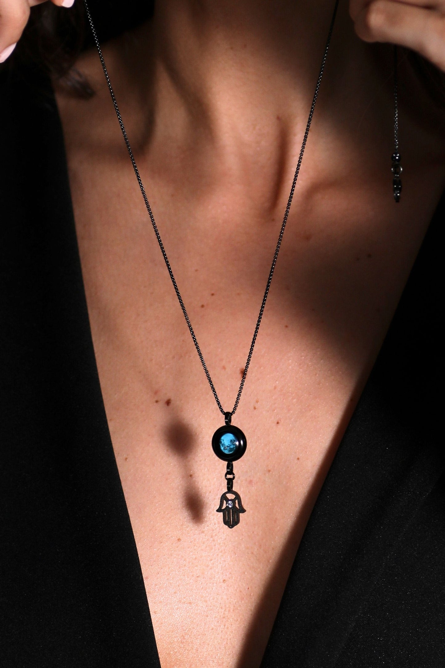 Black Moon & Hamsa Necklace