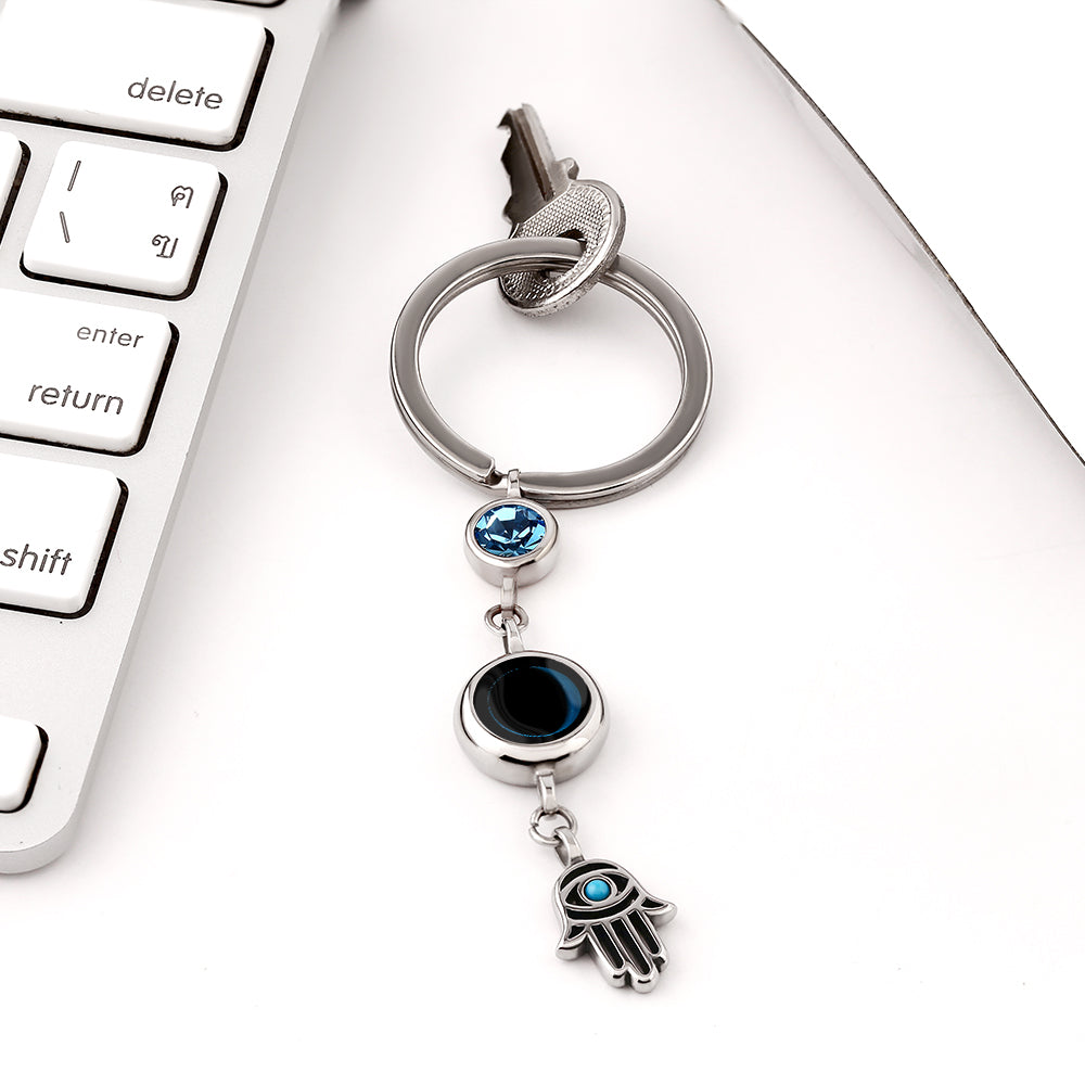 Moon Phase Key Chain with Birthstone and Hamsa Charm