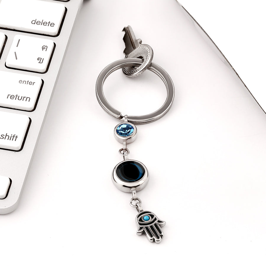 Moon Phase Key Chain with Birthstone and Hamsa Charm